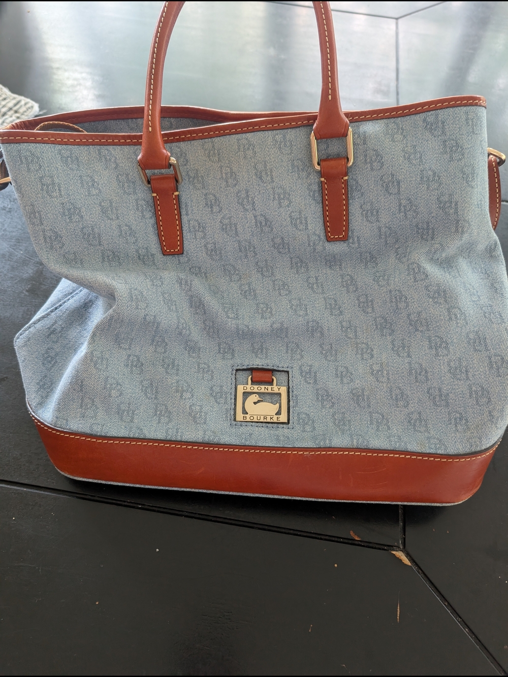 Dooney & Bourke Blue Denim and Brown Leather Tote Bag